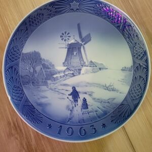 Blue Decorative Plate with Windmill Scene